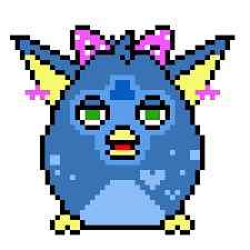 blue pixel furby art with pink bow